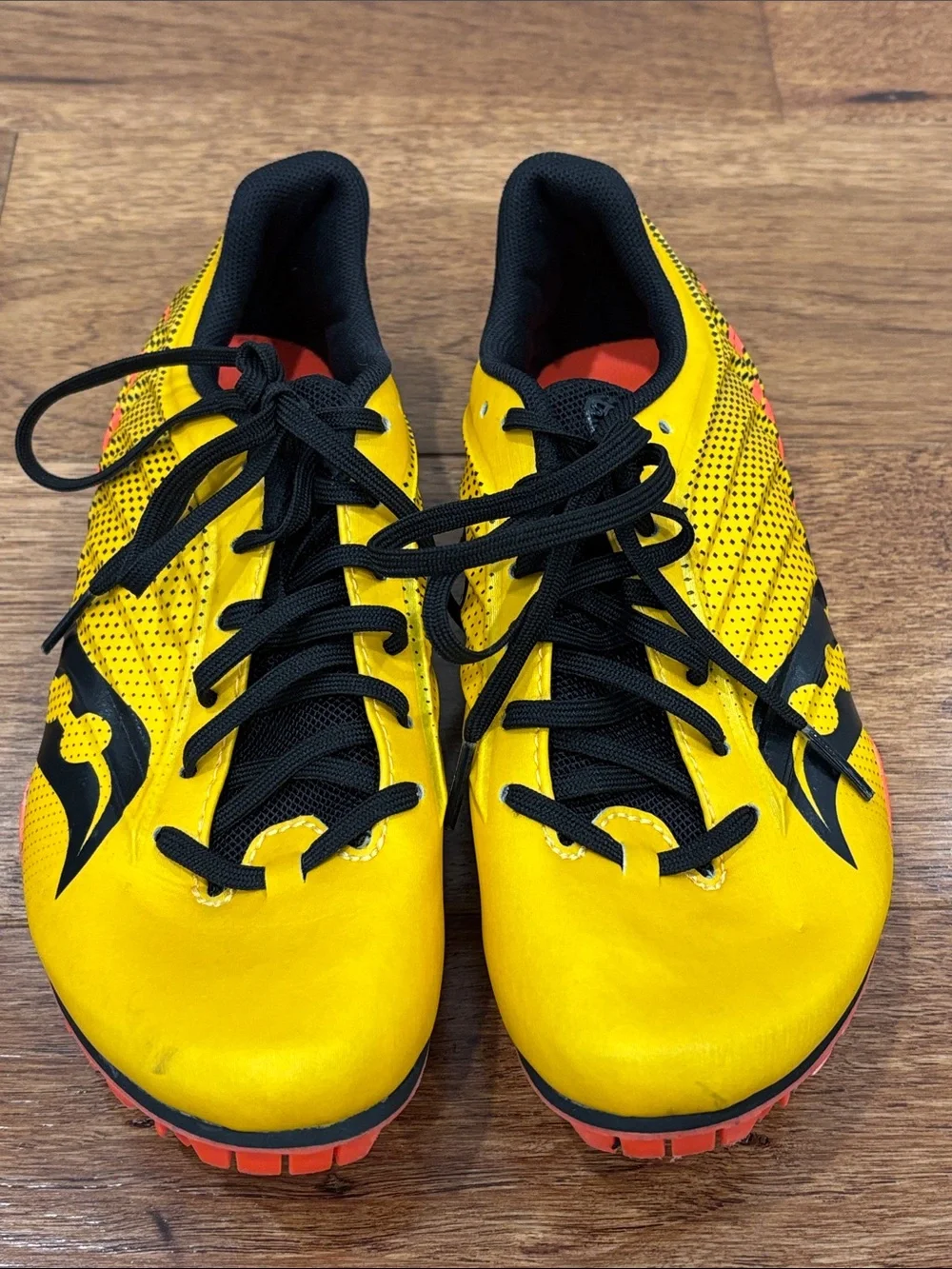Saucony Yellow Black Sprint Spikes with Orange Sole
